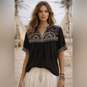 JOHHNY WAS WORKSHOP Silk Velvet Floral Embroidered V-Neck Flowy Boho Tunic Top M